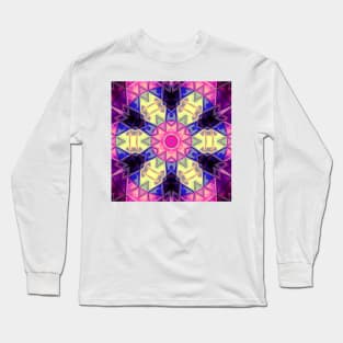 Mosaic Kaleidoscope Flower Pink Yellow and Blue Long Sleeve T-Shirt